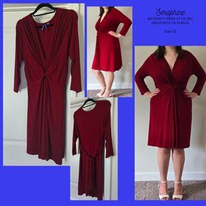 Seraphine Deep Red Maternity Wrap-Style Dress with Tie Back, Sz Lg, Knee Length